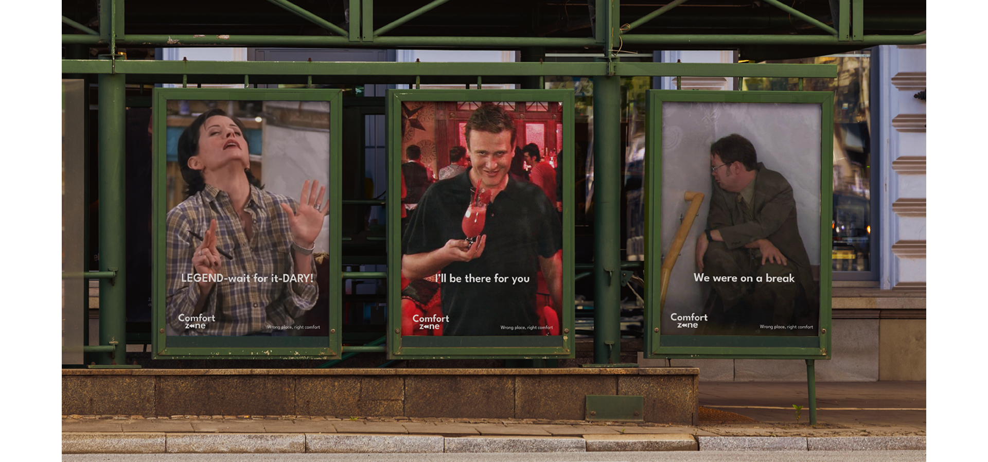Comfort Zone campaign posters displayed at a bus stop